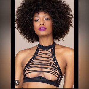 Agent Provocateur Prudence High Neck Black Strappy Mesh Bra with Gold Hardware